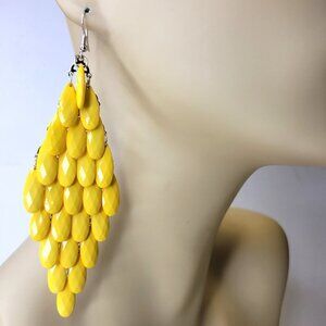Yellow Glass Bead Long Earrings Chandelier Teardrop Diamond Shape Drop Earrings